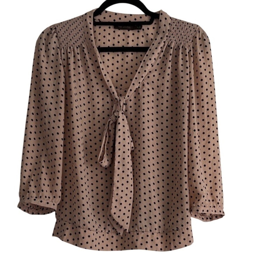 The Limited Polka Dot Tie Neck Blouse Tan Black Smocked Waist Top Small